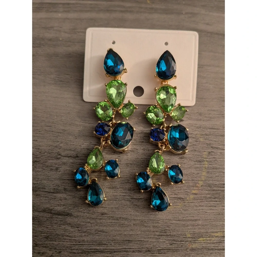 Blue Green Crystal Statement Drop Earrings Gold Tone Chandelier Formal Jewelry